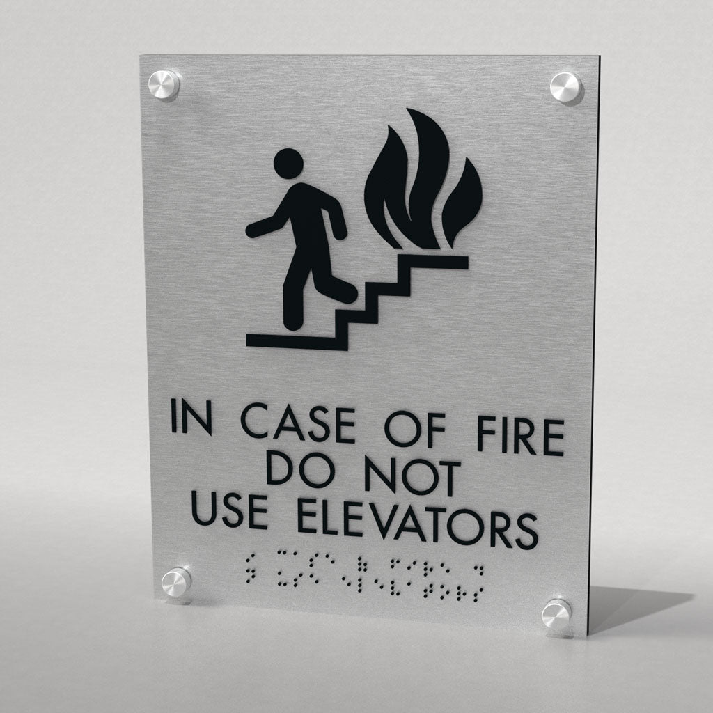 In Case of Fire, Customizable 1-3 Line, 8″ x 10″, ADA, Brushed Aluminum Look and Standoff Caps, Ottie Series