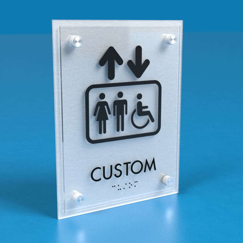 Elevator ID Sign, Customizable Text 1 Line, 6.5″ x 8.5″, Non-Glare Acrylic, Stainless Steel Standoff Caps, Brushed Aluminum Look, ADA, Winnifred Series