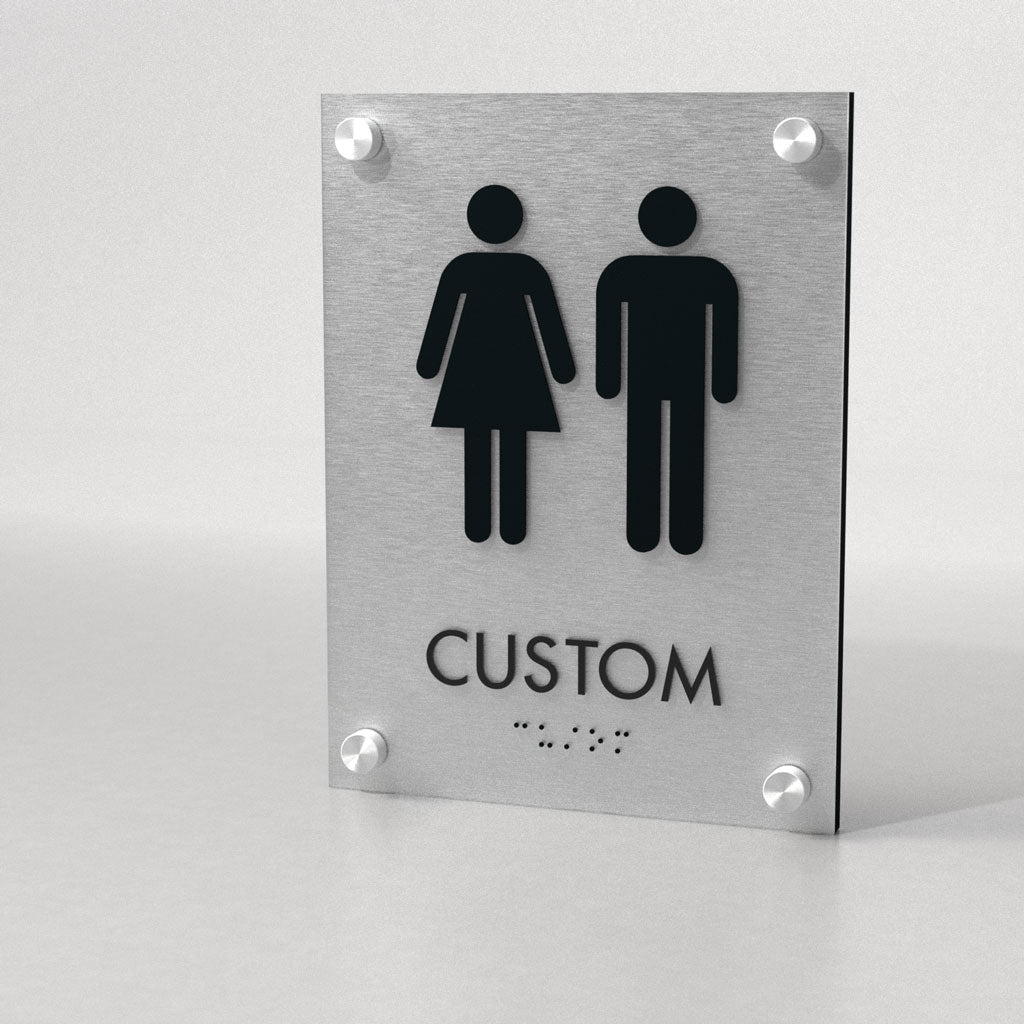 Restroom ID A, Customizable 1 Line 6″ x 8″ ADA Restroom Sign with Standoff Caps and Brushed Aluminum Look, Ottie Series