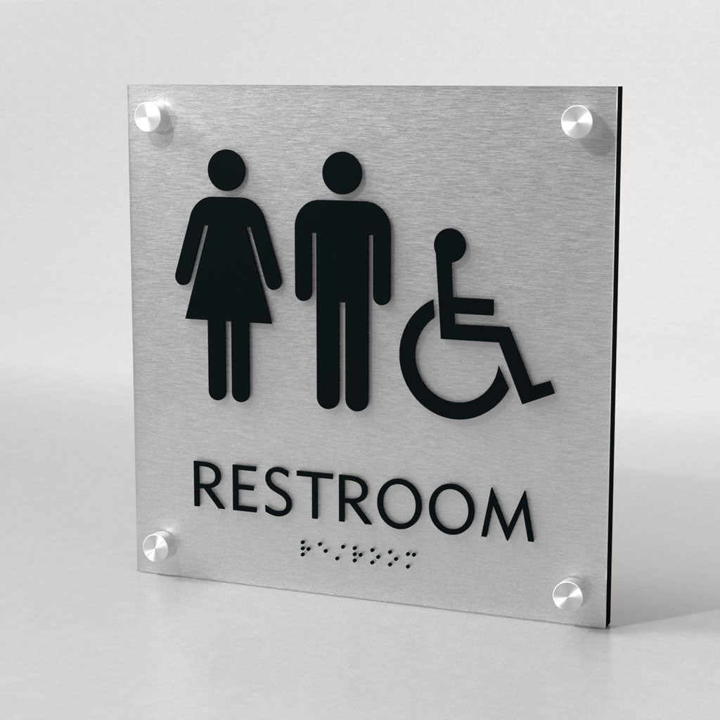 Restroom ID B, Customizable 1 Line, ADA, 8″ x 8″, Standoff Caps and Brushed Aluminum Look, Ottie Series