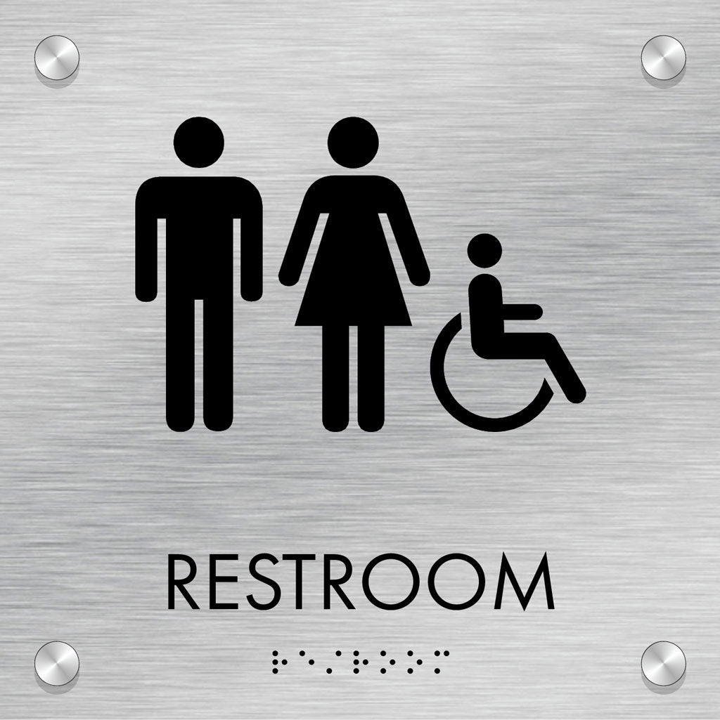 Restroom ID B, Customizable 1 Line, ADA, 8″ x 8″, Standoff Caps and Brushed Aluminum Look, Ottie Series