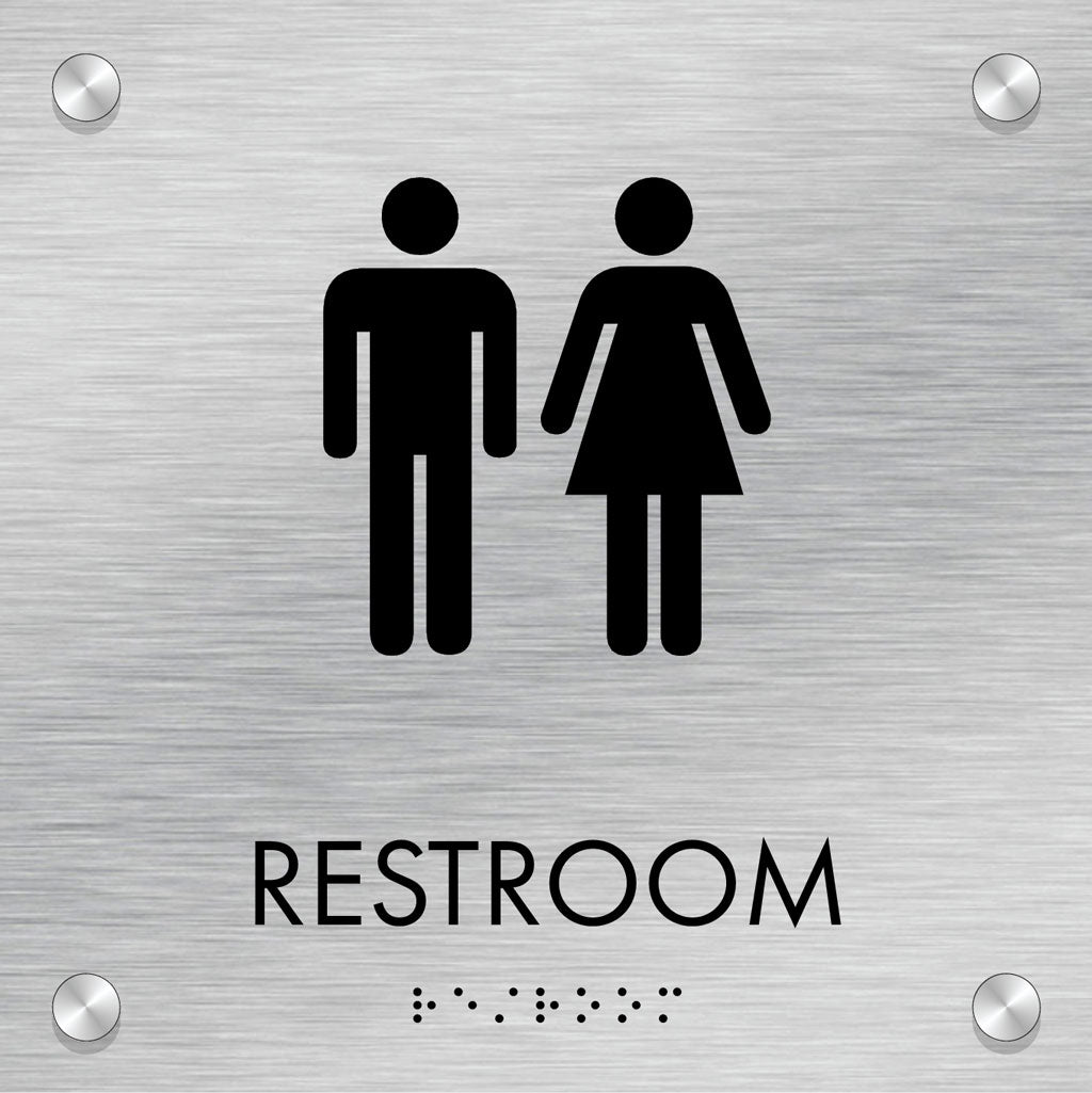 Restroom ID B, Customizable 1 Line, ADA, 8″ x 8″, Standoff Caps and Brushed Aluminum Look, Ottie Series