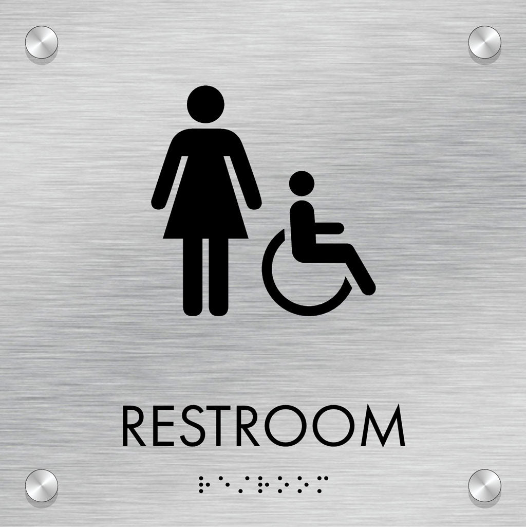 Restroom ID B, Customizable 1 Line, ADA, 8″ x 8″, Standoff Caps and Brushed Aluminum Look, Ottie Series