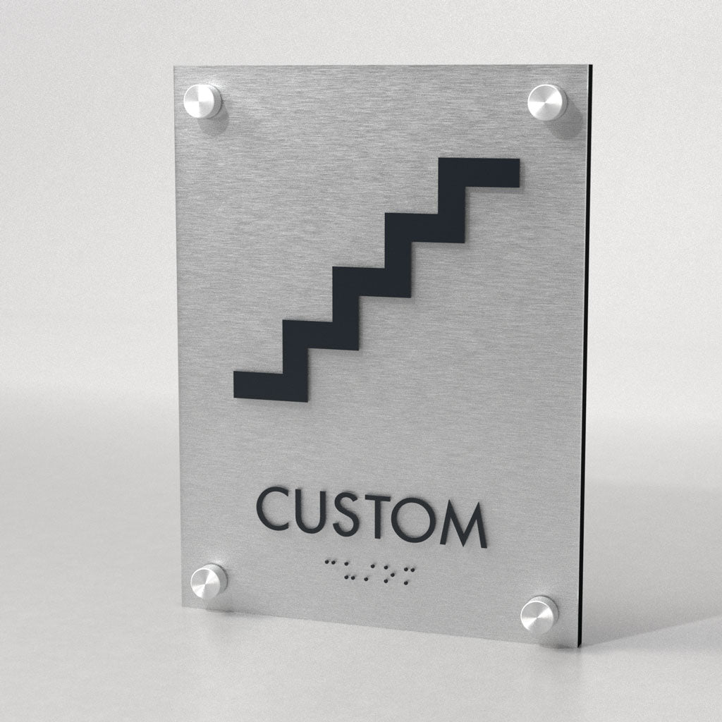 Stair ID, Customizable 1 Line 6″ x 8″ ADA, Brushed Aluminum Look and Standoff Caps, Ottie Series