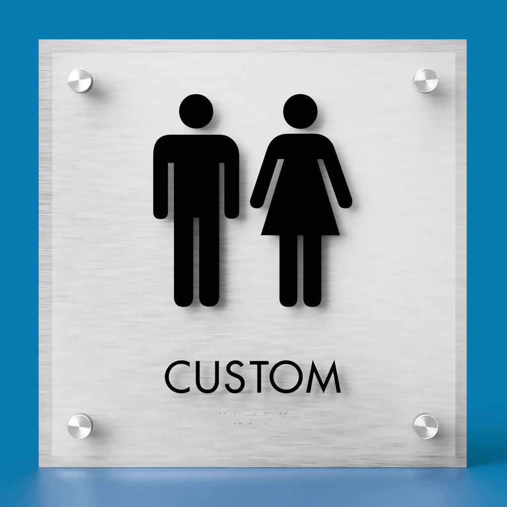 Restroom ID B Sign, Customizable 1 Line Text, 8.5″ x 8.5″, ADA, Frosted Non-Glare Acrylic, Stainless Steel Standoff Caps and Brushed Aluminum Look, Winnifred Series 