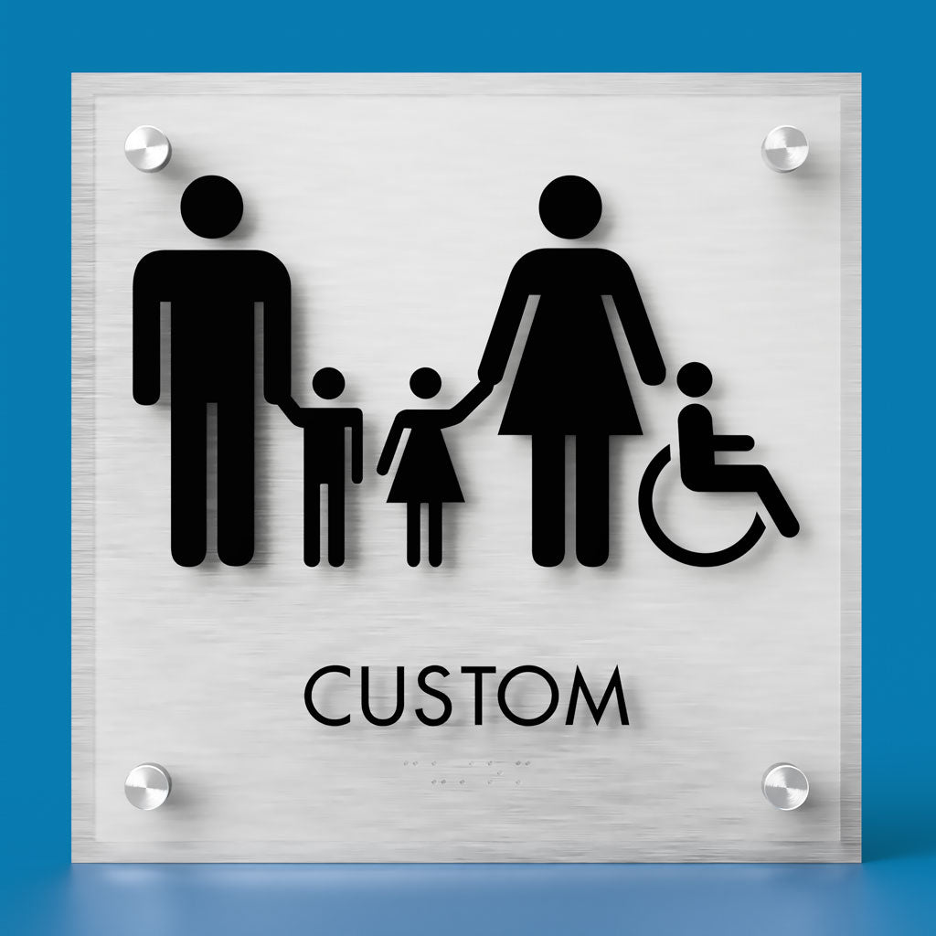 Restroom ID B Sign, Customizable 1 Line Text, 8.5″ x 8.5″, ADA, Frosted Non-Glare Acrylic, Stainless Steel Standoff Caps and Brushed Aluminum Look, Winnifred Series 