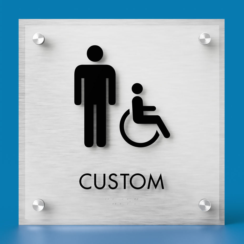 Restroom ID B Sign, Customizable 1 Line Text, 8.5″ x 8.5″, ADA, Frosted Non-Glare Acrylic, Stainless Steel Standoff Caps and Brushed Aluminum Look, Winnifred Series 