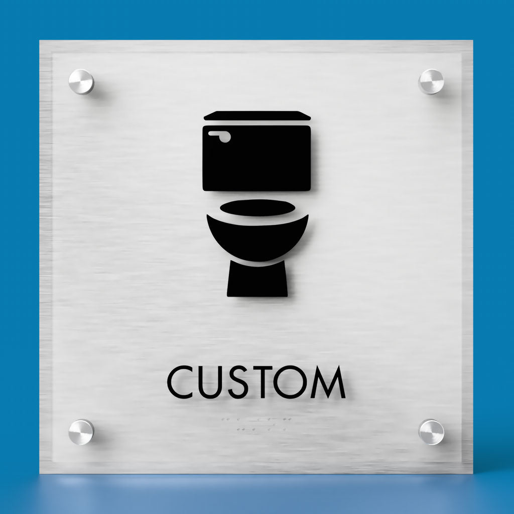 Restroom ID B Sign, Customizable 1 Line Text, 8.5″ x 8.5″, ADA, Frosted Non-Glare Acrylic, Stainless Steel Standoff Caps and Brushed Aluminum Look, Winnifred Series 