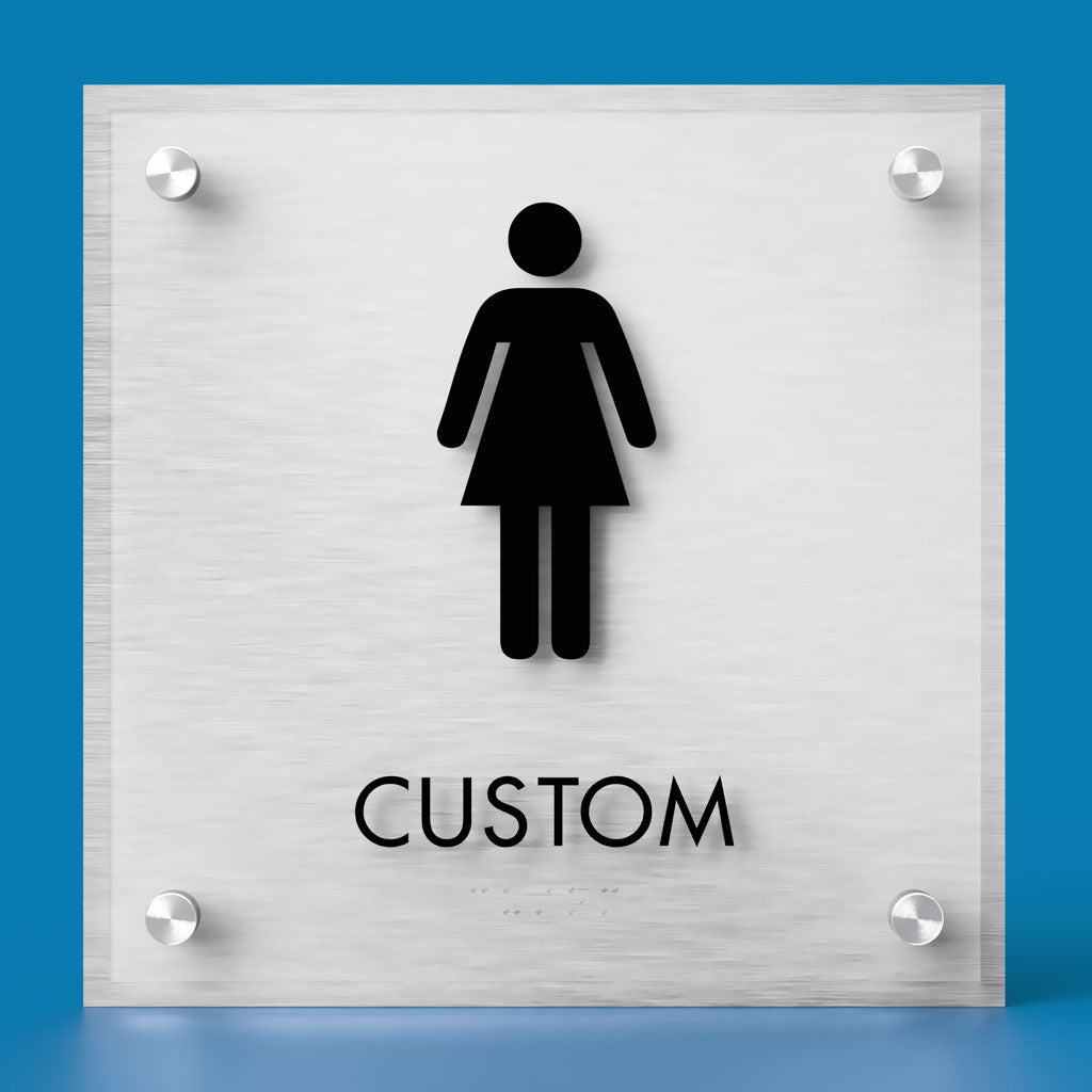 Restroom ID B Sign, Customizable 1 Line Text, 8.5″ x 8.5″, ADA, Frosted Non-Glare Acrylic, Stainless Steel Standoff Caps and Brushed Aluminum Look, Winnifred Series 