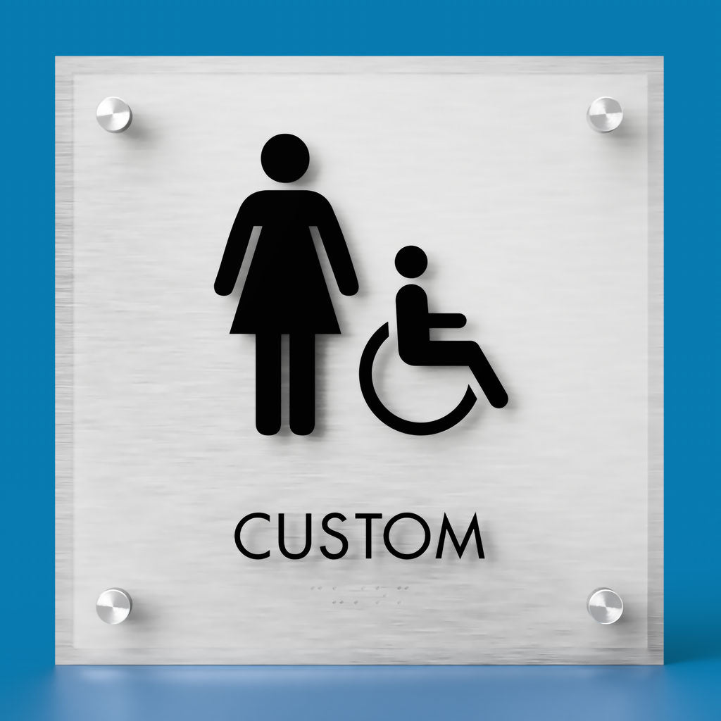 Restroom ID B Sign, Customizable 1 Line Text, 8.5″ x 8.5″, ADA, Frosted Non-Glare Acrylic, Stainless Steel Standoff Caps and Brushed Aluminum Look, Winnifred Series 