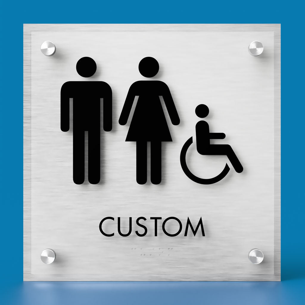 Restroom ID B Sign, Customizable 1 Line Text, 8.5″ x 8.5″, ADA, Frosted Non-Glare Acrylic, Stainless Steel Standoff Caps and Brushed Aluminum Look, Winnifred Series 