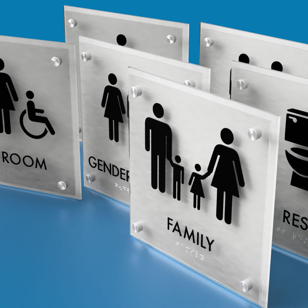 Restroom ID B Sign, Customizable 1 Line Text, 8.5″ x 8.5″, ADA, Frosted Non-Glare Acrylic, Stainless Steel Standoff Caps and Brushed Aluminum Look, Winnifred Series 