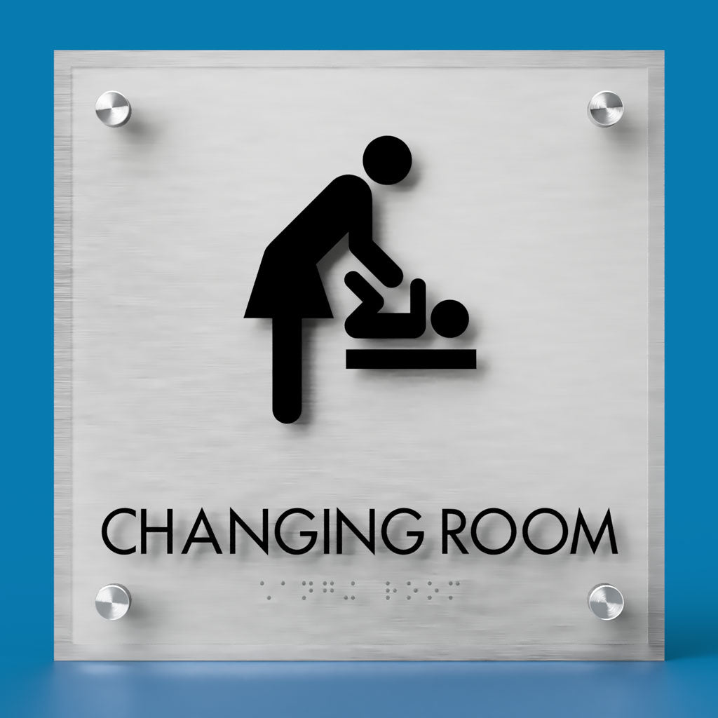 Restroom ID B Sign, Customizable 1 Line Text, 8.5″ x 8.5″, ADA, Frosted Non-Glare Acrylic, Stainless Steel Standoff Caps and Brushed Aluminum Look, Winnifred Series 