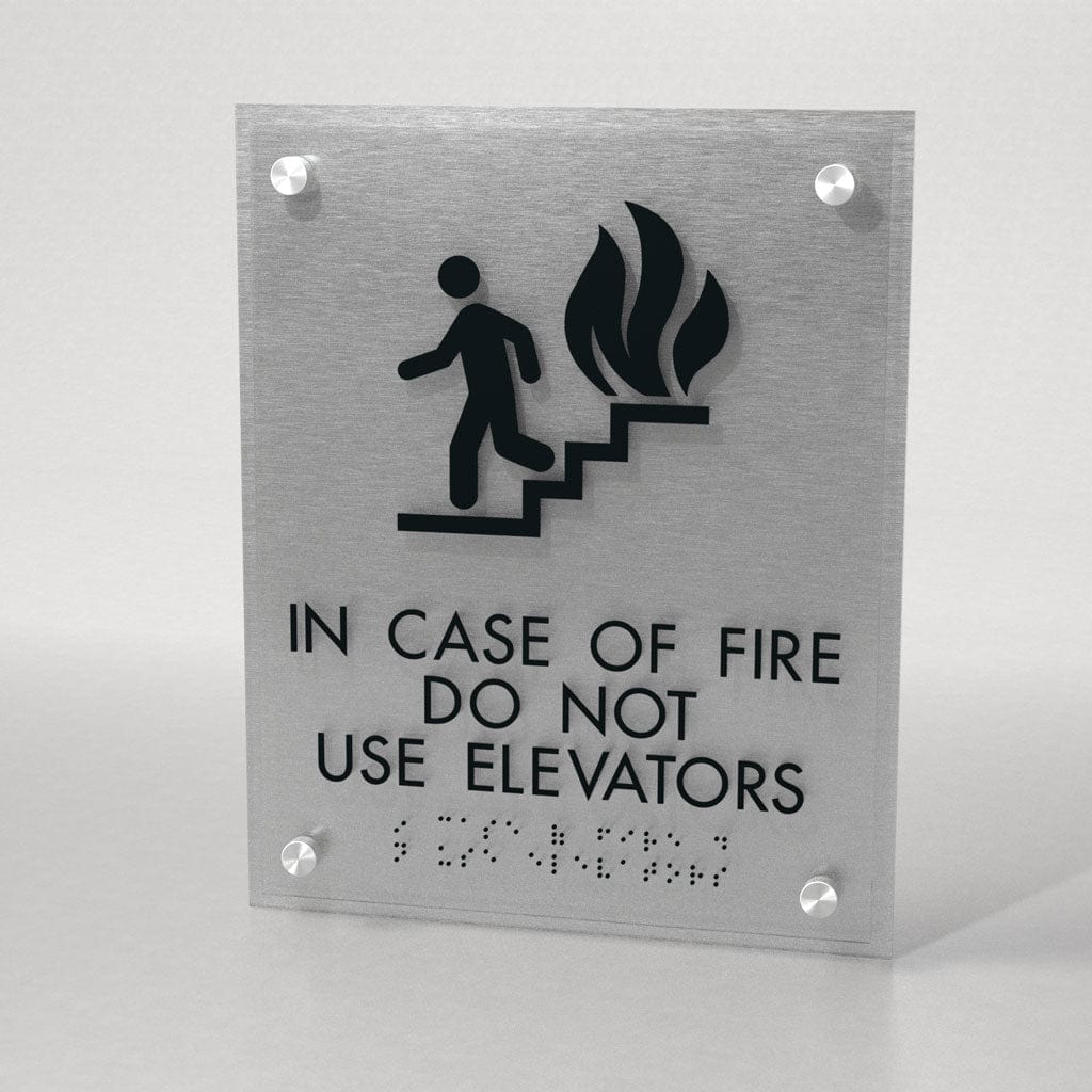 Harper Laine Shop Tier 1 - Acrylic In Case Of Fire Do Not Use Elevator Sign, 8.5″ x 10.5″, Non-Glare Acrylic, Stainless Steel Standoff Caps, Brushed Aluminum Look, ADA, Winnifred Series