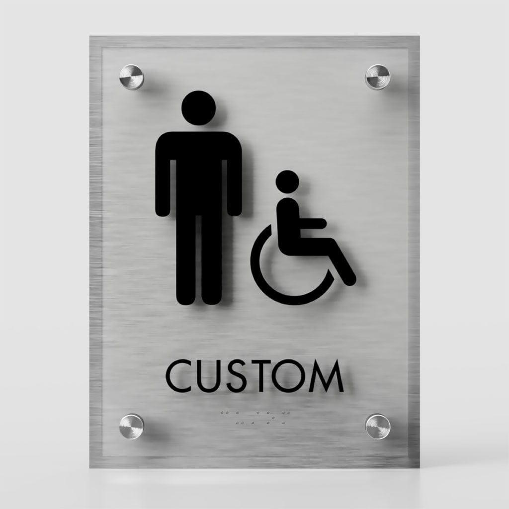 Harper Laine Shop Tier 1 - Acrylic Men Handicap Restroom ID A Sign, Customizable 1 Line Restroom Sign, 6.5″ x 8.5″, ADA, Crystal Non-Glare Acrylic, Stainless Steel Standoff Caps and Brushed Aluminum Look, Winnifred Series