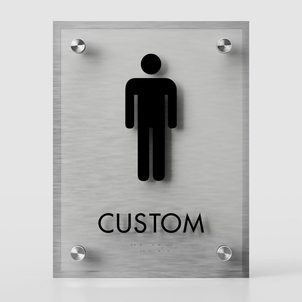 Harper Laine Shop Tier 1 - Acrylic Men Restroom ID A Sign, Customizable 1 Line Restroom Sign, 6.5″ x 8.5″, ADA, Crystal Non-Glare Acrylic, Stainless Steel Standoff Caps and Brushed Aluminum Look, Winnifred Series