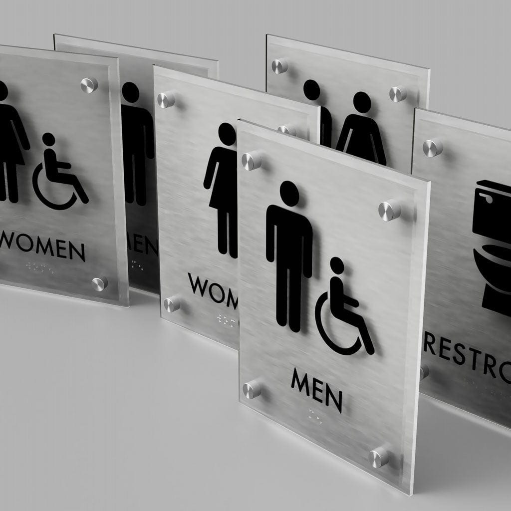 Harper Laine Shop Tier 1 - Acrylic Restroom ID A Sign, Customizable 1 Line Restroom Sign, 6.5″ x 8.5″, ADA, Crystal Non-Glare Acrylic, Stainless Steel Standoff Caps and Brushed Aluminum Look, Winnifred Series