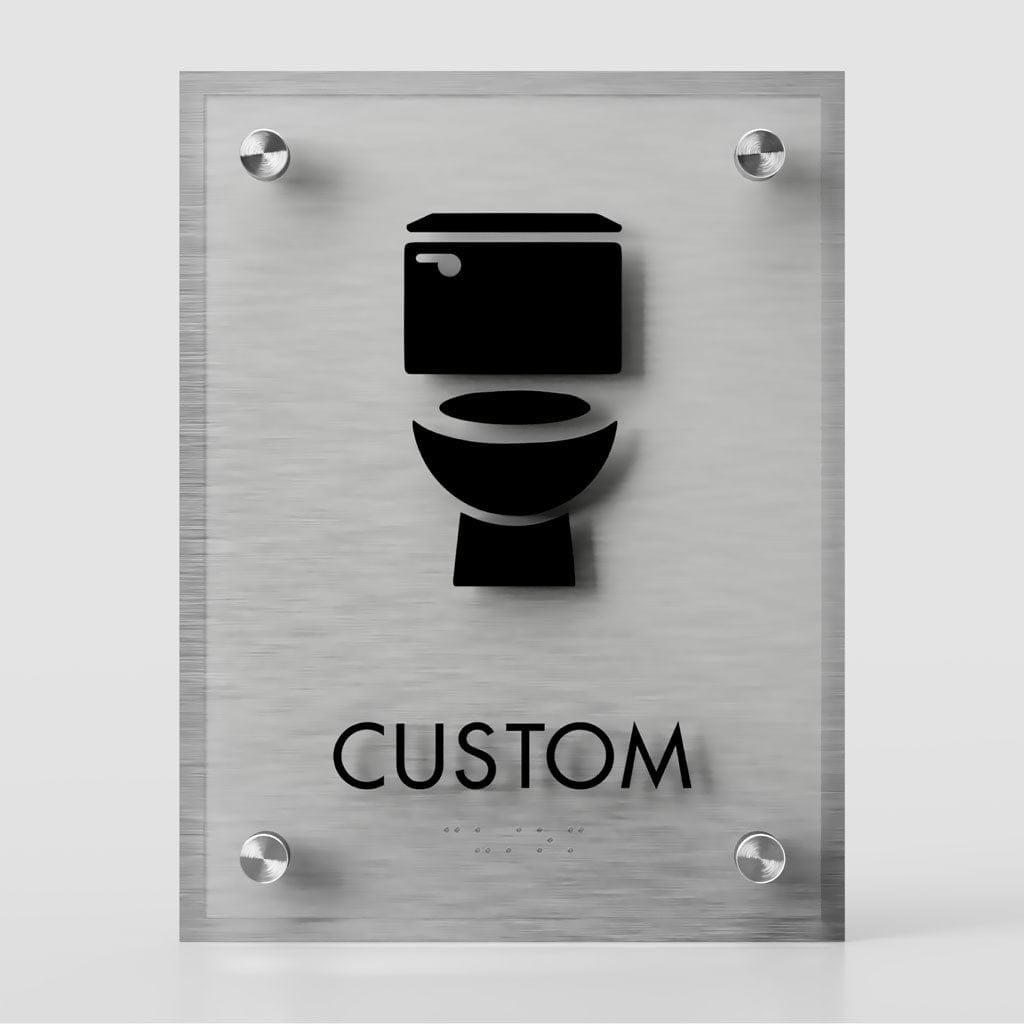 Harper Laine Shop Tier 1 - Acrylic Toilet Restroom ID A Sign, Customizable 1 Line Restroom Sign, 6.5″ x 8.5″, ADA, Crystal Non-Glare Acrylic, Stainless Steel Standoff Caps and Brushed Aluminum Look, Winnifred Series