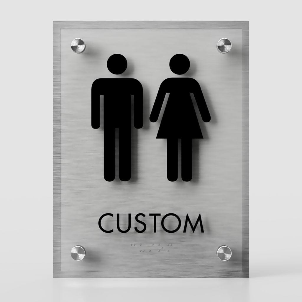 Harper Laine Shop Tier 1 - Acrylic Unisex Restroom ID A Sign, Customizable 1 Line Restroom Sign, 6.5″ x 8.5″, ADA, Crystal Non-Glare Acrylic, Stainless Steel Standoff Caps and Brushed Aluminum Look, Winnifred Series