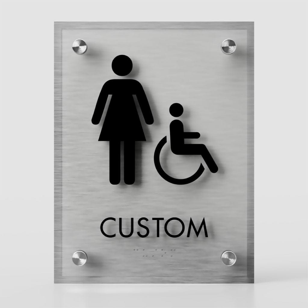 Harper Laine Shop Tier 1 - Acrylic Women Handicap Restroom ID A Sign, Customizable 1 Line Restroom Sign, 6.5″ x 8.5″, ADA, Crystal Non-Glare Acrylic, Stainless Steel Standoff Caps and Brushed Aluminum Look, Winnifred Series