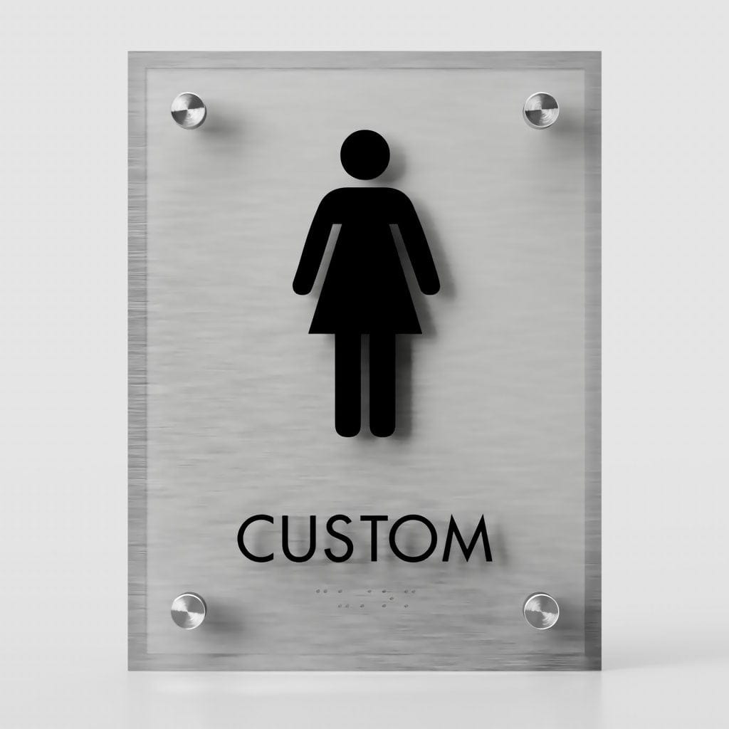 Harper Laine Shop Tier 1 - Acrylic Women Restroom ID A Sign, Customizable 1 Line Restroom Sign, 6.5″ x 8.5″, ADA, Crystal Non-Glare Acrylic, Stainless Steel Standoff Caps and Brushed Aluminum Look, Winnifred Series